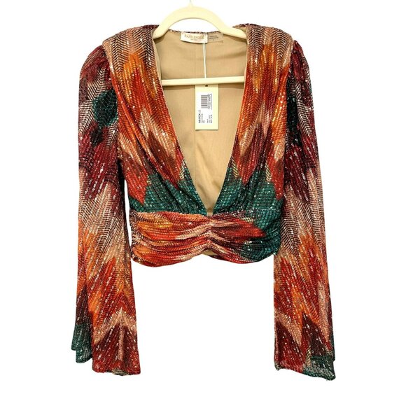 New Ramy Brook Erin Sequined Multicolor Long Sleeve Cropped Top Size 4 - Picture 4 of 10